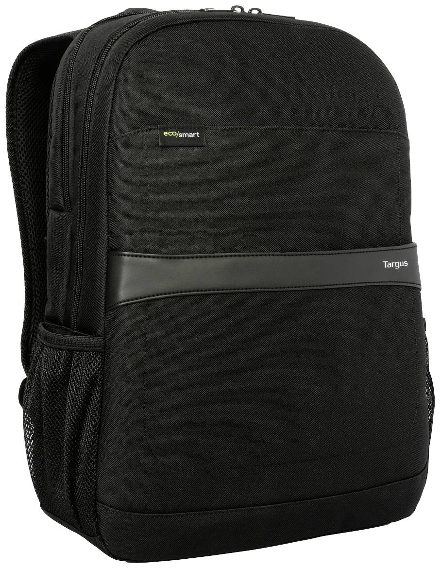 Černý batoh na notebook se dvěma velkými přihrádkami a síťovanými postranními kapsami. Viditelný štítek EcoSmart.