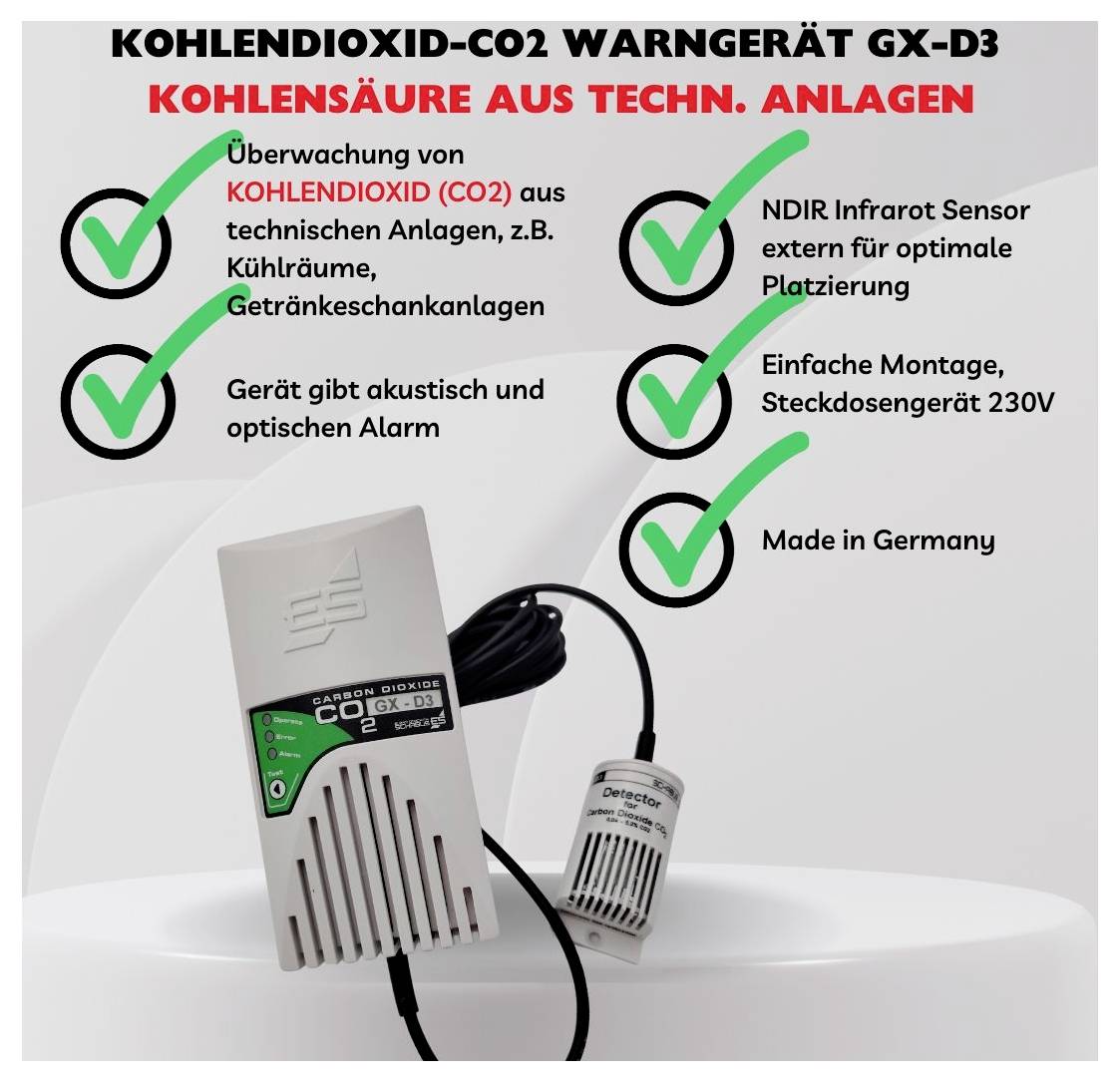 Výstražné zařízení GX-D3 pro monitorování oxidu uhličitého v technických zařízeních. Obsahuje senzor, akustické a optické alarmy, možnost montáže. Vyrobeno v Německu.