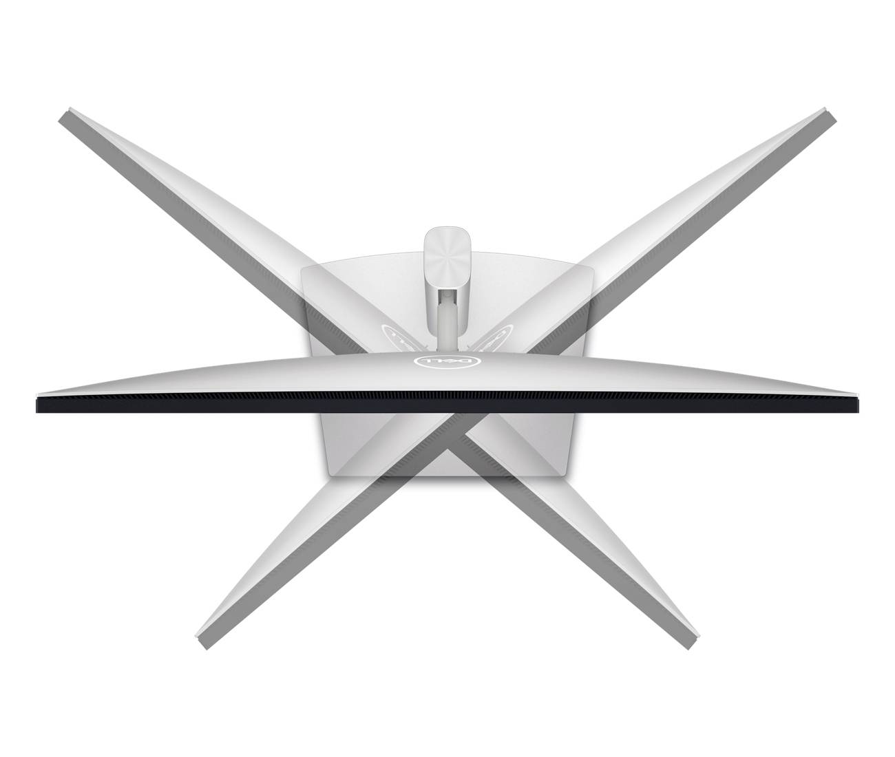 Detailní pohled na moderní počítačový monitor shora, který ukazuje štíhlou, nastavitelnou základnu a elegantní design.