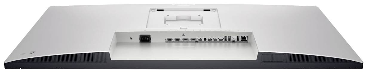 Počítačový monitor zezadu ukazuje konektory jako HDMI, DisplayPort a USB. Monitor je v stříbrném krytu.