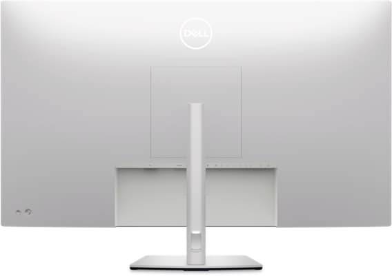 Zadní strana monitoru Dell s elegantním stříbrným stojanem. Nahoře je umístěno logo Dell.