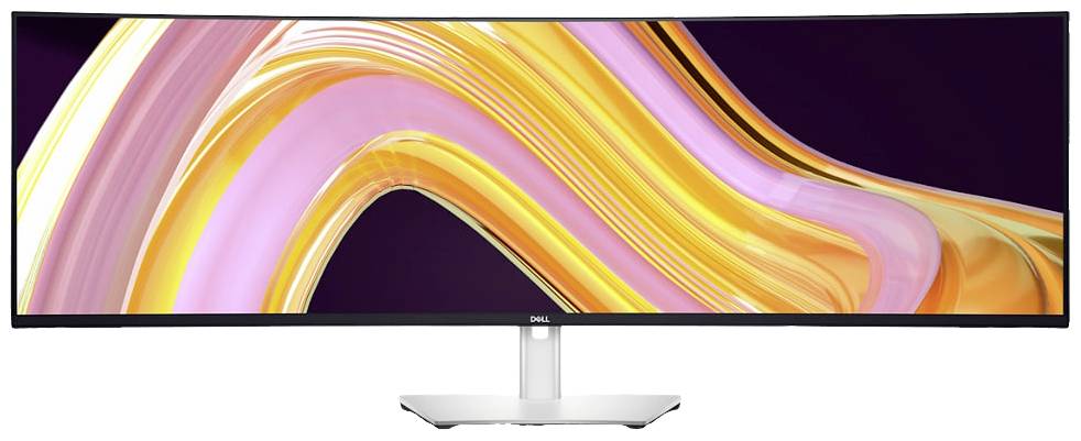 Široký zakřivený monitor Dell zobrazující abstraktní barevný vzor. Ideální pro produktivní pracovní prostředí.