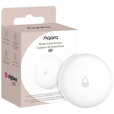 Balení senzoru úniku vody s nápisem 'Aqara Water Leak Sensor', kompatibilní se sítí Zigbee, zobrazuje kulatý bílý senzor s motivem kapky.