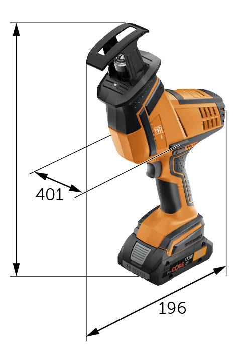 Akumulátorový šroubovák, oranžovo-černý. Délka 401 mm, výška 196 mm. Vhodný pro řemeslné práce. Nenápadný design, ergonomická rukojeť.