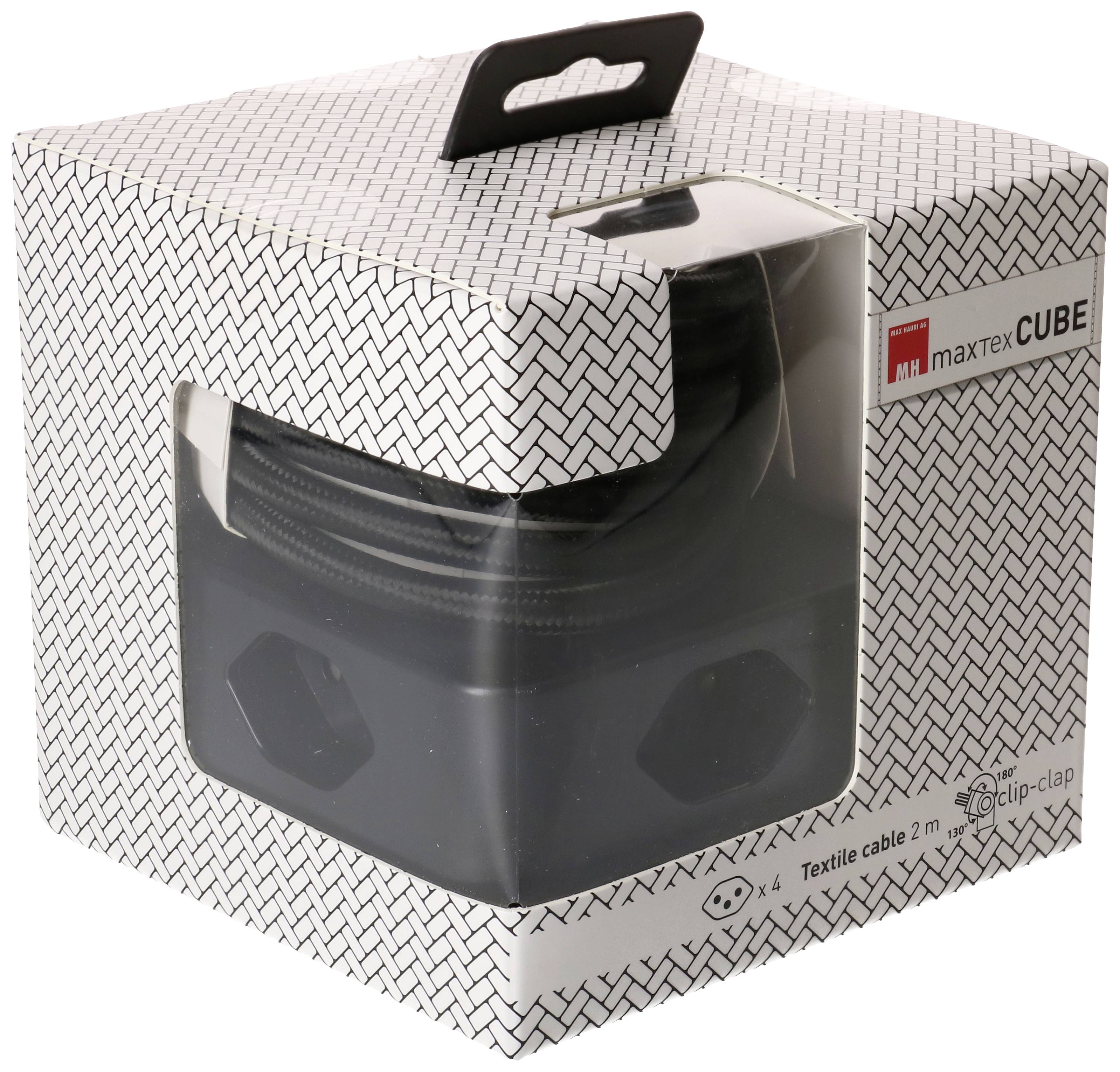 Kabel zabalený v černé krabičce ve tvaru krychle. Etiketa zobrazuje 'maxTex CUBE' a 'textilní kabel 2 m'.