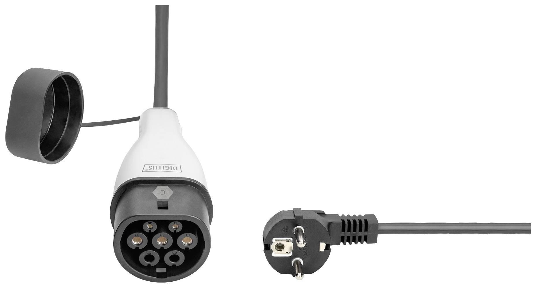 Nabíjecí kabel pro elektromobily s konektorem Typ 2 vlevo a zásuvkou Schuko vpravo.