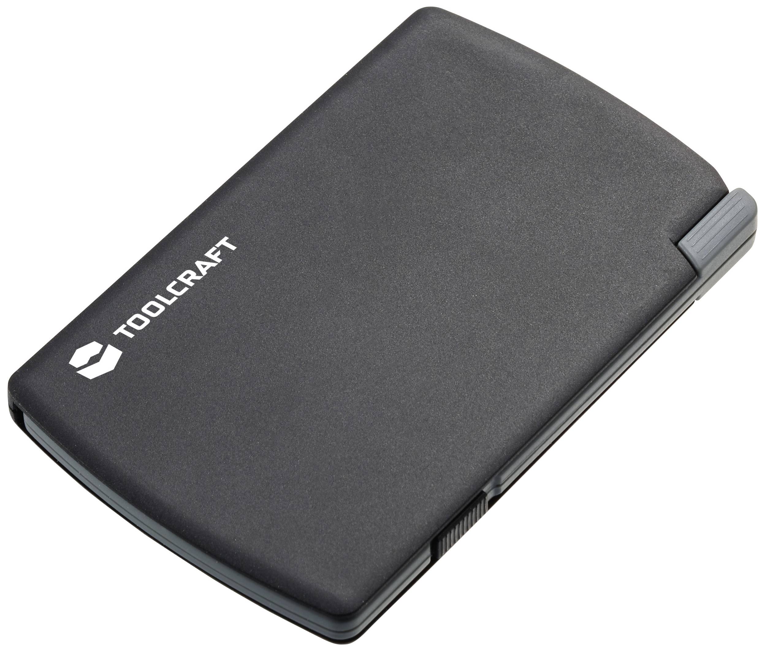 Plochý, černý USB flash disk Toolcraft v obdélníkovém tvaru se zaoblenými rohy a textem loga na povrchu.