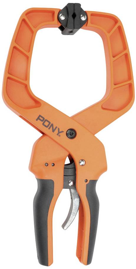 Oranžová svorka s nápisem 'PONY'. Má ergonomické rukojeti a černý nastavitelný mechanismus.