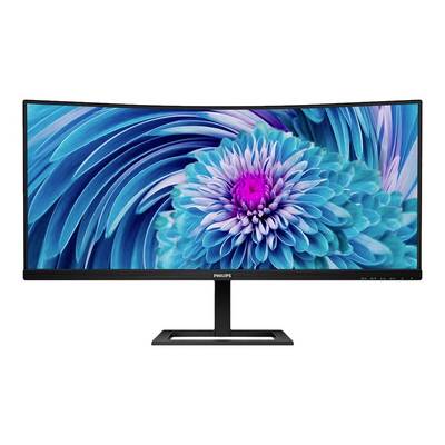 Zakřivený počítačový monitor značky Philips zobrazuje živoucí obrázek modré a růžové květiny v detailním záběru.