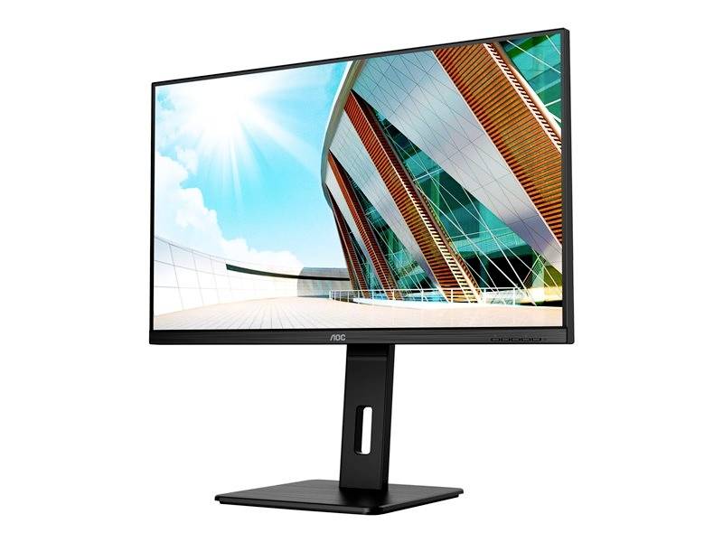 Moderní počítačový monitor s obrazem futuristické budovy a modrým nebem na displeji, pohled z boku.