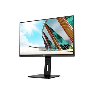 Moderní počítačový monitor s obrazem futuristické budovy a modrým nebem na displeji, pohled z boku.
