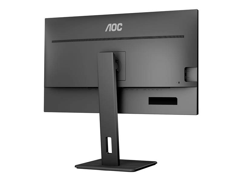 Zadní strana černého počítačového monitoru značky AOC se stabilní základnou.