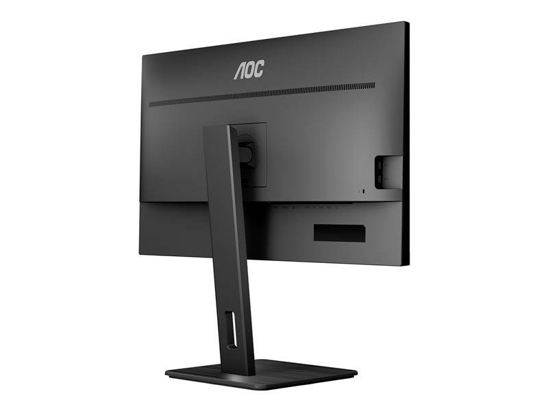 Černý monitor AOC pohledem zezadu, zobrazující stojan a konektory, na bílém pozadí.