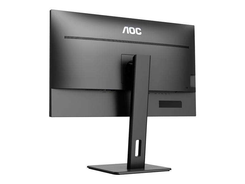 Černý monitor zezadu, značky "AOC", s obdélníkovým stojanem.