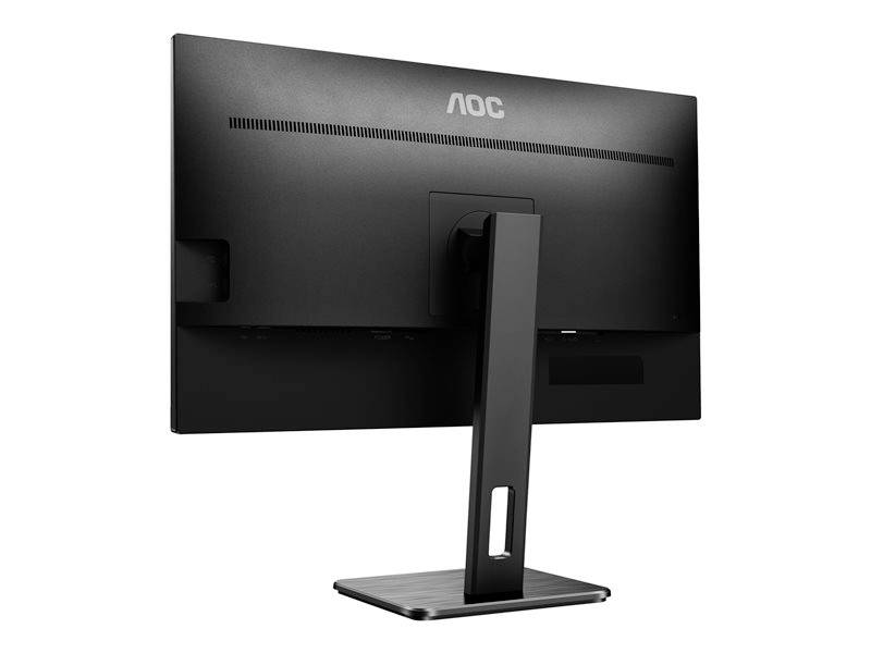 Černý počítačový monitor značky AOC pohledem zezadu. Monitor je umístěn na obdélníkovém podstavci.