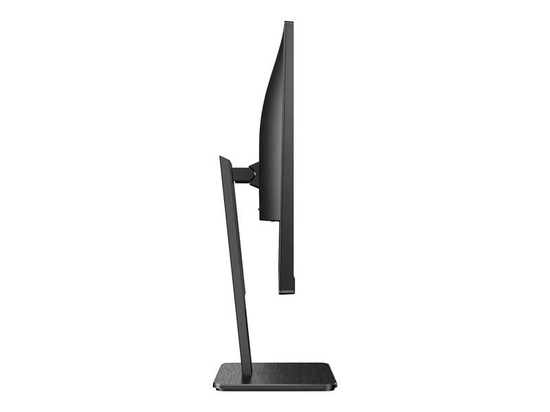 Boční pohled na černý monitor s elegantním stojanem na obdélníkové základně.