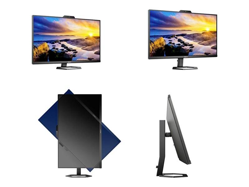 Čtyři pohledy na počítačový monitor: čelní pohled s obrázkem pláže, boční pohled pro orientaci, rozpoznatelná funkce otočného displeje.