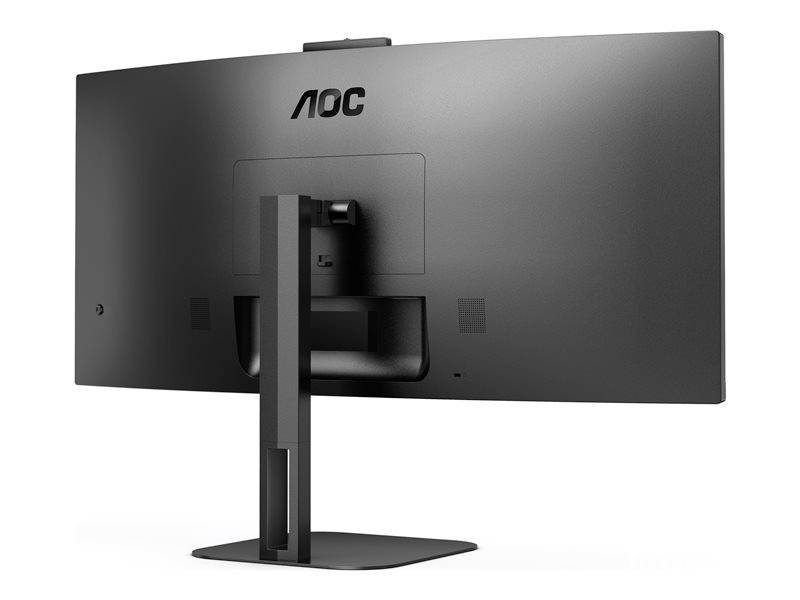 Černý počítačový monitor značky AOC, pohled zezadu, upevněný na obdélníkovém stojanu.