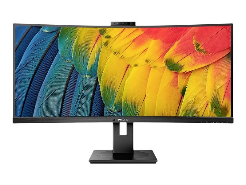 Zakřivený počítačový monitor zobrazuje barevný obraz s modrými a žlutými papouščími pery; značka 'Philips'.