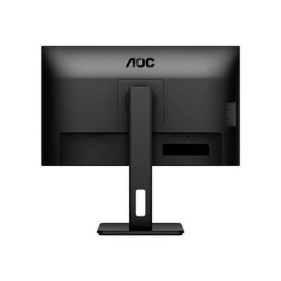 Pohled zezadu na černý počítačový monitor AOC s obdélníkovým stojanem a výrazným logem nahoře.