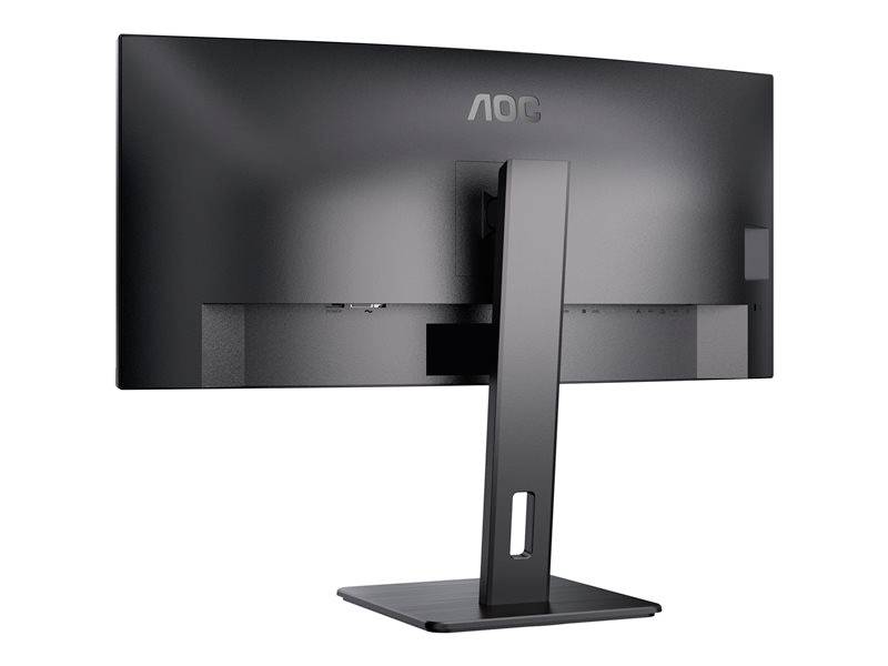 Černý monitor AOC pohledem zezadu, upevněný na obdélníkovém stojanu. Žádné viditelné displeje.