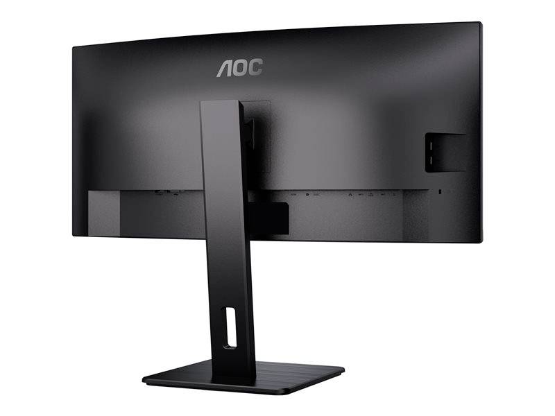 Černý monitor AOC pohledem zezadu odhaluje stabilní, obdélníkový design základny se středovou oblastí připojení.