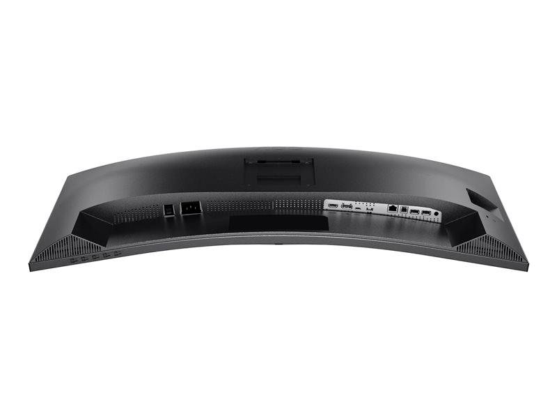 Zadní pohled na zakřivený monitor s různými porty, včetně HDMI, USB a napájení.