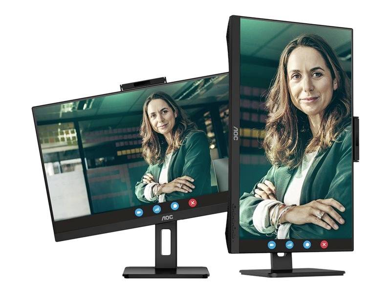 Dva počítačové monitory zobrazují tutéž usměvavou osobu v odlišných orientacích. Jeden na šířku, druhý na výšku.