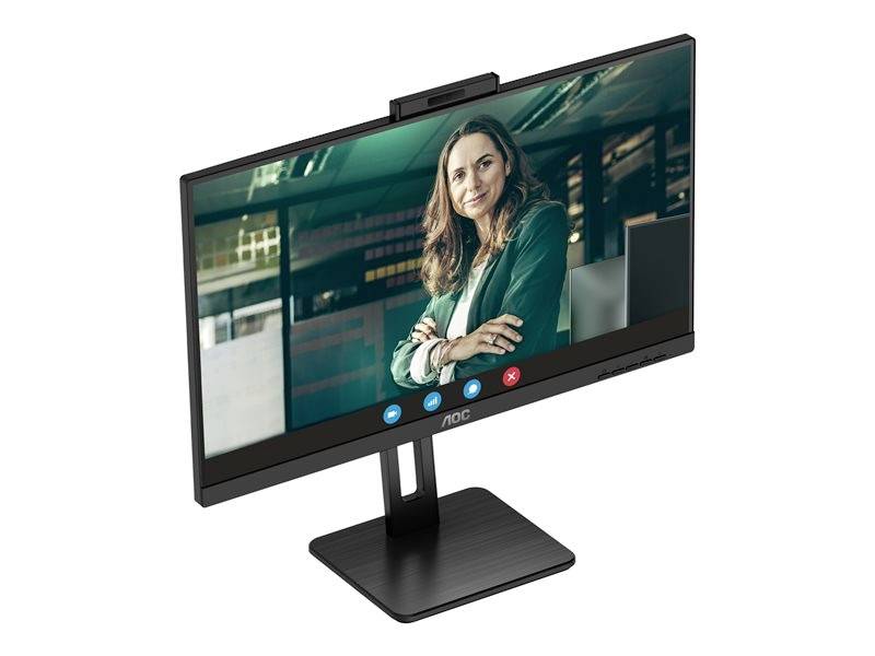 Žena v kanceláři je zobrazena na monitoru počítače, pravděpodobně během videohovoru.