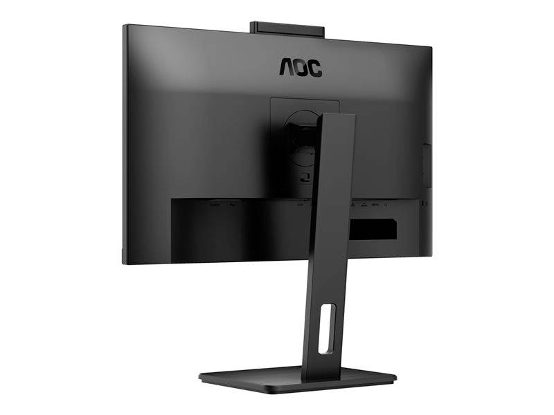 Pohled zezadu na černý počítačový monitor značky AOC umístěný na obdélníkovém stojanu.