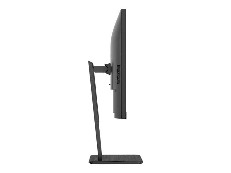 Počítačový monitor z bočního pohledu se dvěma viditelnými USB porty na straně. Monitor je ergonomicky nastavitelný.