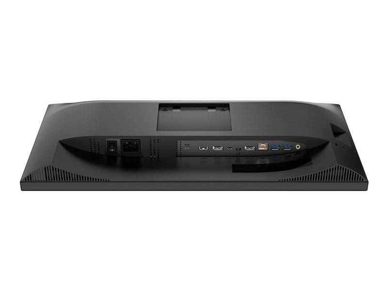 Zadní pohled na počítačový monitor s několika porty, včetně HDMI, USB a napájení.