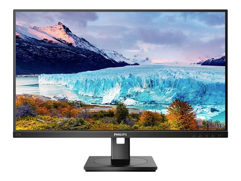 Monitor Philips zobrazuje obraz zasněžených hor, velkého ledovce a podzimní vegetace v popředí.