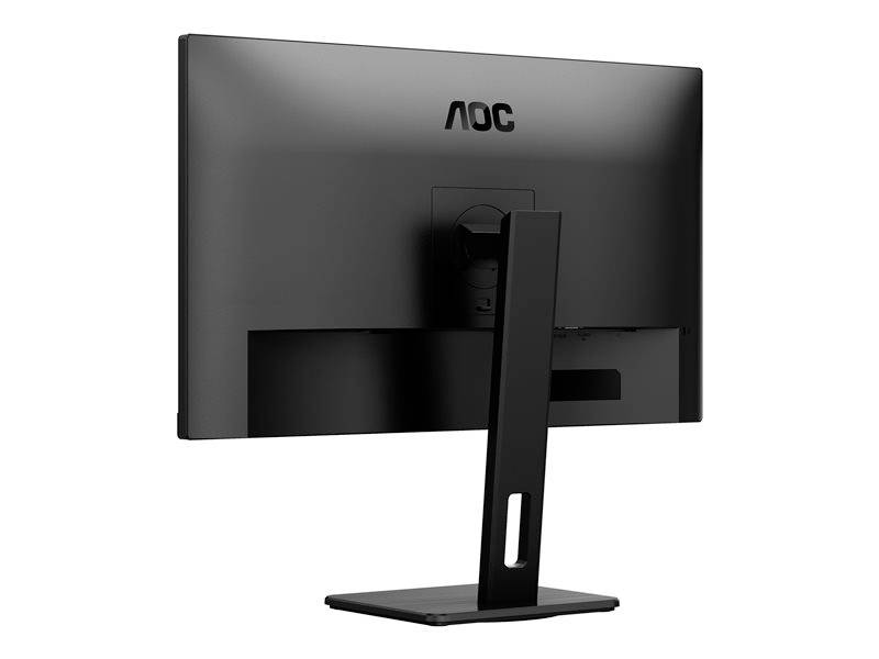 Černý počítačový monitor, pohled zezadu, s pevnou podstavou, název modelu 'AOC' umístěný nahoře na těle monitoru.