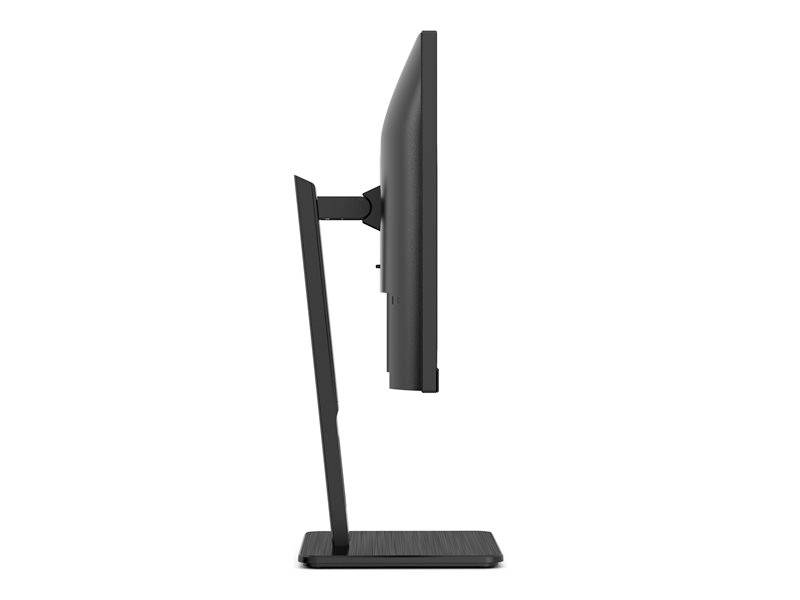 Boční pohled na moderní počítačový monitor umístěný na štíhlé, obdélníkové podstavě, který odhaluje štíhlý profil a minimalistický design.