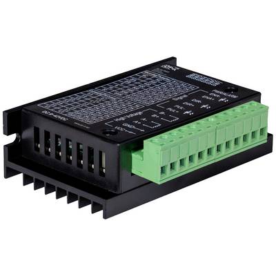 Černý elektronický driver krokového motoru se zelenými svorkovnicemi, s vytištěným diagramem technických informací.