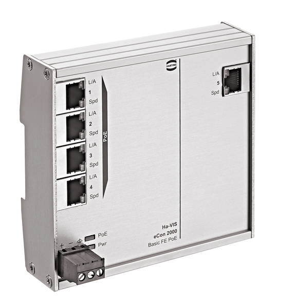 Stříbrný síťový switch se čtyřmi ethernetovými porty na levé straně a jedním ethernetovým portem na straně pravé. Označení 'eCon 2000'.