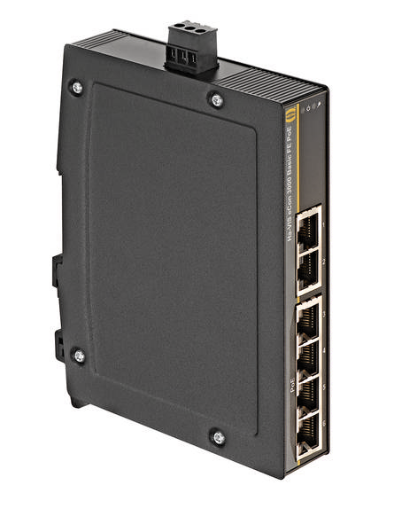 Černé síťové zařízení montovatelné na zeď se čtyřmi ethernetovými porty, vhodné pro průmyslové aplikace.