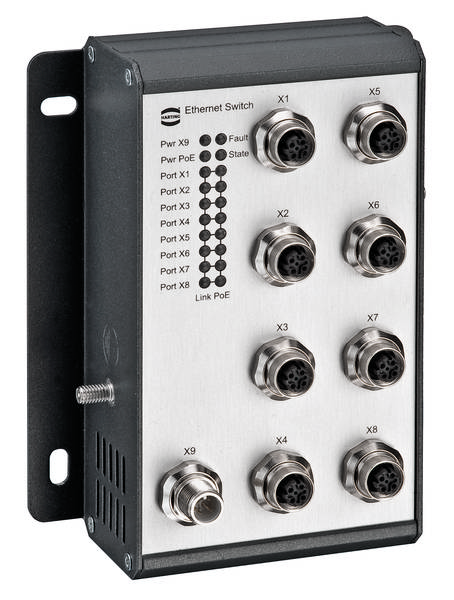 Průmyslový ethernetový switch s 9 porty, robustní design pro drsné prostředí.