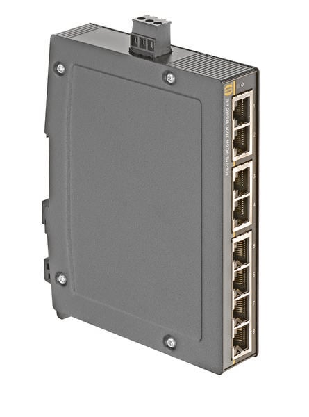 Černý průmyslový ethernetový switch s několika ethernetovými porty na straně, vhodný pro montáž do rozvaděčů.