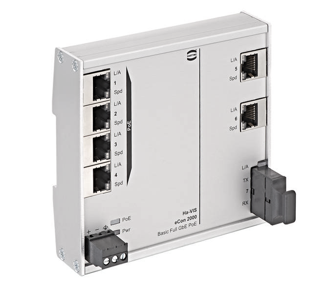 Bílý síťový PoE switch s několika ethernetovými porty, indikátorem stavové LED a označením 'eCon 2000 Basic Full GbE PoE'.