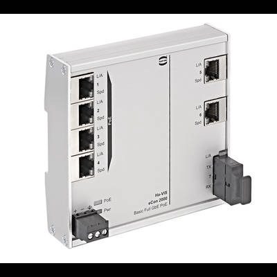 Bílý síťový PoE switch s několika ethernetovými porty, indikátorem stavové LED a označením 'eCon 2000 Basic Full GbE PoE'.