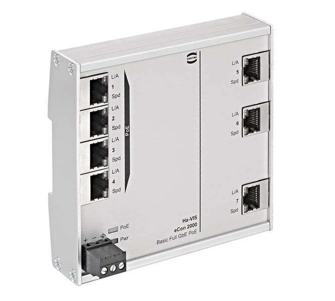Bílý síťový switch s několika ethernetovými porty, označený jako 'Ha-VIS eCon 2000', nabízí gigabitový ethernet a podporu PoE.