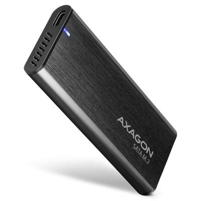 Externí SSD/HDD box s nápisem 'AXAGON SATAM.2', černý kryt s modrou LED indikací.