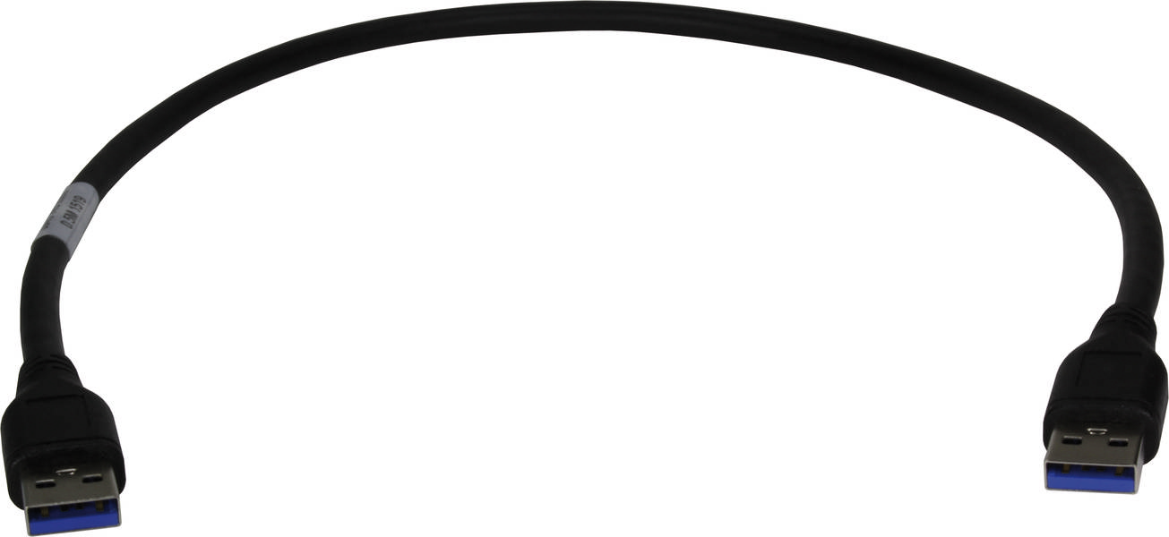 Černý USB kabel se dvěma modrými USB konektory na koncích, vhodný pro přenos dat nebo propojení zařízení.