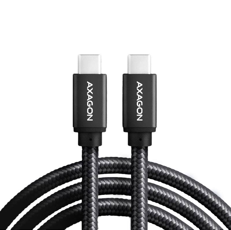 Dva spletené USB-C kabely s nápisem 'AXAGON', vhodné pro rychlý přenos dat a nabíjení, na bílém pozadí.
