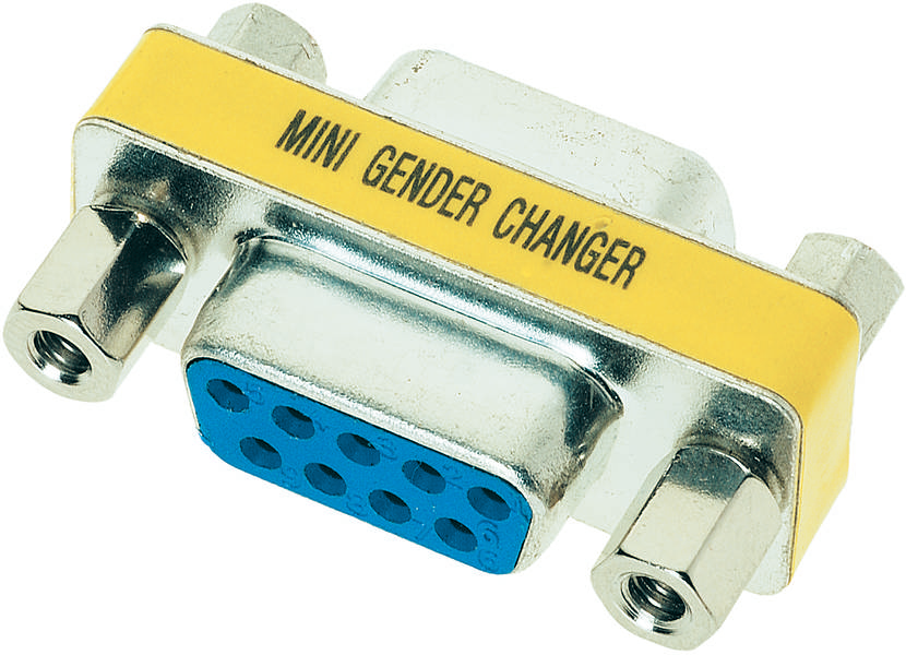 Miniaturní adaptér 'Mini Gender Changer' pro sériové porty s devíti modrými zásuvkami a dvěma stříbrnými šrouby pro upevnění.
