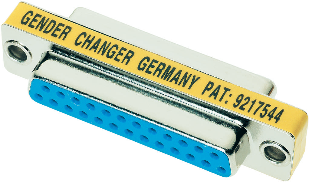 Adaptér s nápisem 'Gender Changer Germany Pat: 9217544'. Adaptér má modré rozhraní pro připojení.