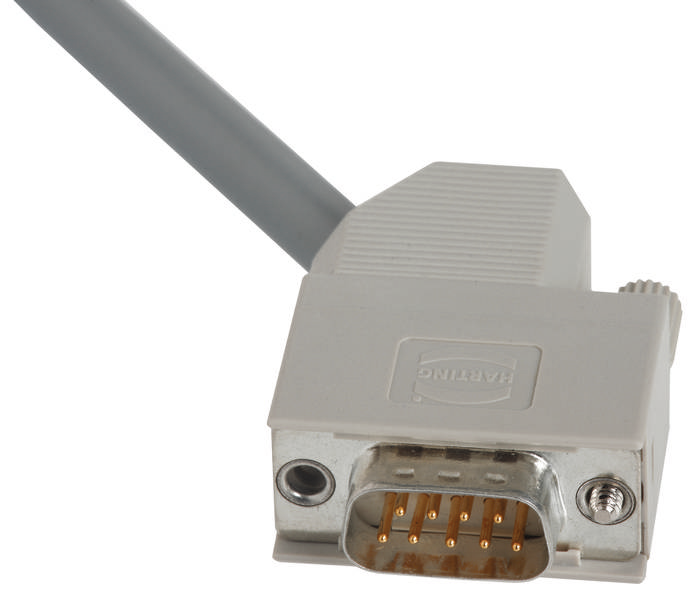 Šedý VGA kabel s devíti kolíky, který se používá pro připojení monitoru k počítači.