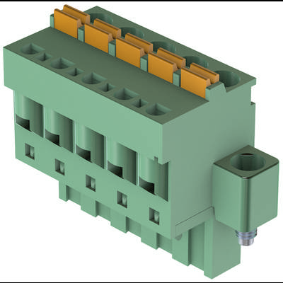 Zelený elektrický konektor s několika zásuvkami a oranžovými klipsy. Kompaktní a průmyslový design.